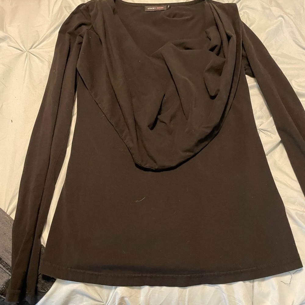 Stacey Zhang Black cowl neck Long Sleeve Blouse Made in Canada.